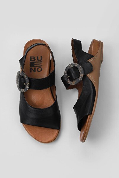 Bueno Shoes Μαύρα Δερμάτινα Γυναικεία Flat Σανδάλια 01wu7600