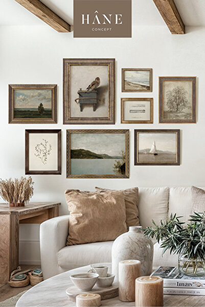 Hane Concept Vintage Çerçeveli 8'li Tablo Seti, Galeri Duvarı, Sanatsal Manzara Baskılı Tablo, Çiftlik Evi Tarzı