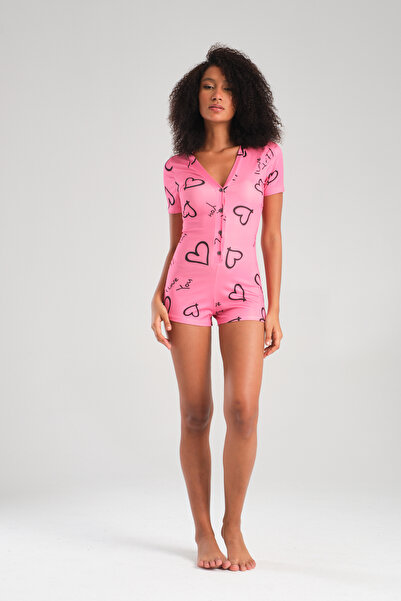 Zula Moda Kısa Kol Şortlu Kalp Desen Tulum Ev Giyim Pijama Takımı / Pijama Tu...
