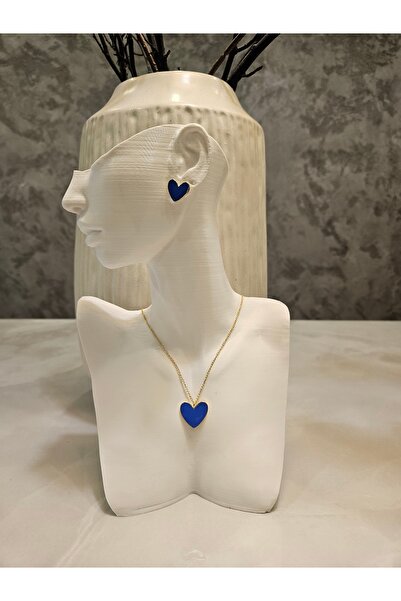 Alyas Aksesuar Minimalist Heart Necklace Earring Set Blue
