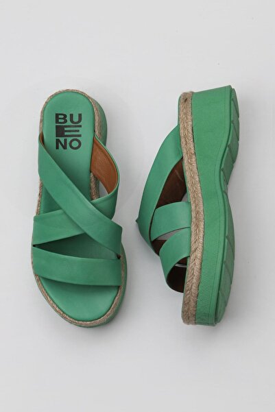 Bueno Shoes Green Dark Leather Women's Flat Slippers 01Wy8202