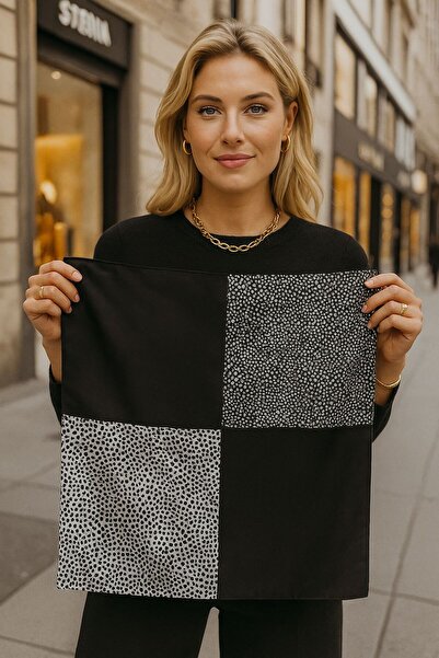 Axesoire 15254 Patchwork Desenli Siyah Çift Tarafı Baskılı Bandana Fular 53x5...