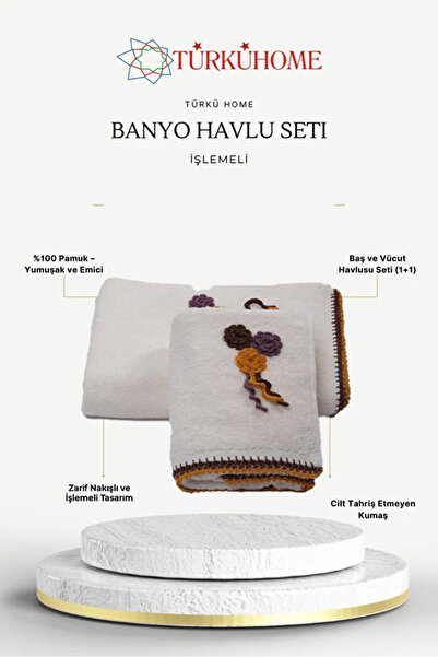 Türkühome Cotton Embroidered Patterned 2-Piece Head and Body Towel Set (1 Hea...