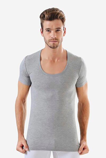 Arma Yıldız Men's Gray Slim Fit Crew Neck Cotton T-shirt - Short Sleeve, Undershirt