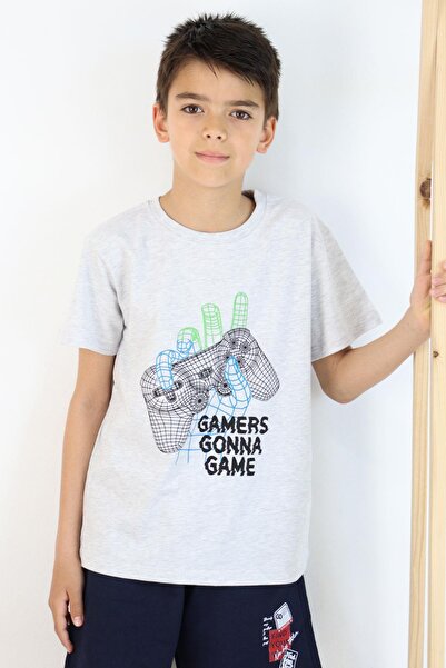 Breeze Tricou pentru băiat 8-14 ani - Imprimat Consola de jocuri, Gri Melange