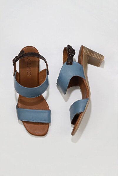 Bueno Shoes Δερμάτινα γυναικεία πέδιλα με τακούνι μπλε - 01wu11100