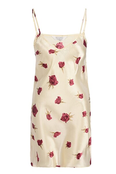 Altınay Satin Nightgown with Rope Strap and Floral Motif