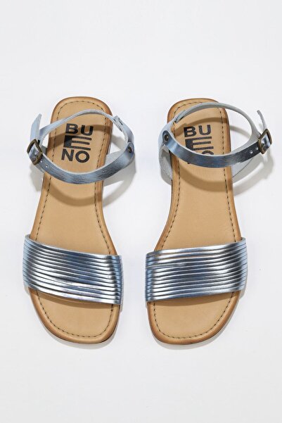 Bueno Shoes Μπλε γυαλιστερό δερμάτινο γυναικείο φλατ σανδάλι 01wu3420