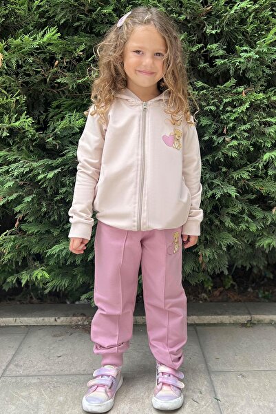 Breeze Kız Çocuk Eşofman Takım Kalpli Bebek Ayıcık Baskılı 1.5-5 Yaş, Bej