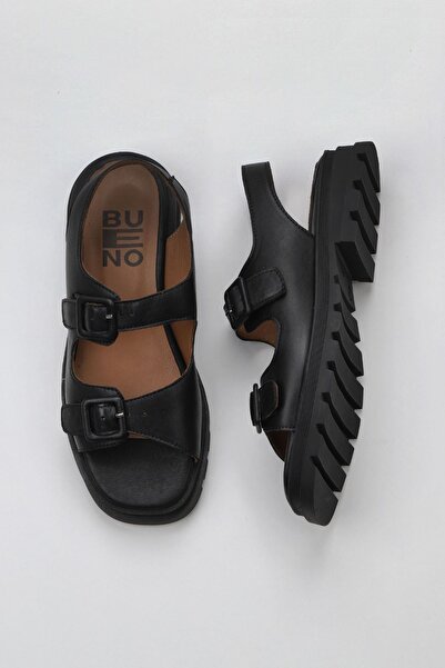 Bueno Shoes Khv Δερμάτινα Μαύρα Γυναικεία Flat σανδάλια - 01wy5505