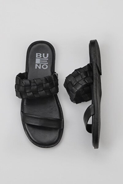 Bueno Shoes Μαύρες δερμάτινες γυναικείες παντόφλες - Flat Design 01wy2006