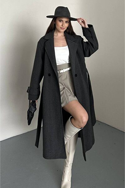 VESS MODA معطف نسائي طويل بأزرار وحزام باللون الأنثراسيت