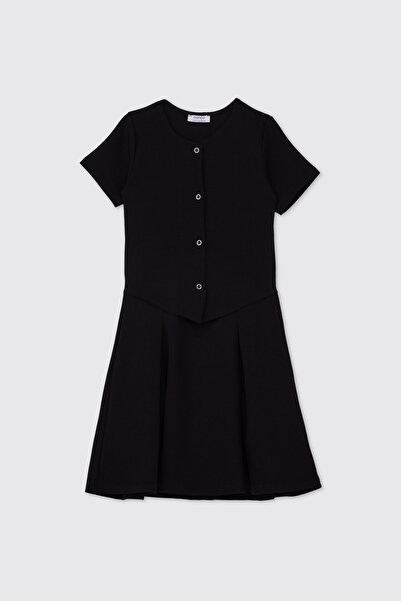 Panço Kız Çocuk Düğme Detaylı Örme Siyah Elbise