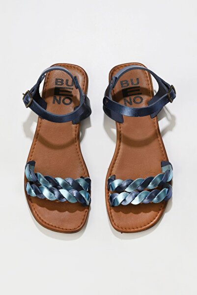 Bueno Shoes Δερμάτινα γυναικεία φλατ σανδάλια Navy Blue Prlk 01wu3415