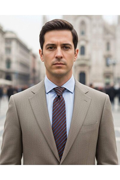 1001 Kravat ربطة عنق حريرية بنية اللون بخطوط زرقاء بعرض 7.5 سم