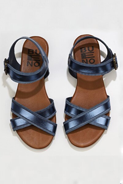 Bueno Shoes Γυναικεία φλατ σανδάλια Navy Blue Shiny Leather 01wu7421