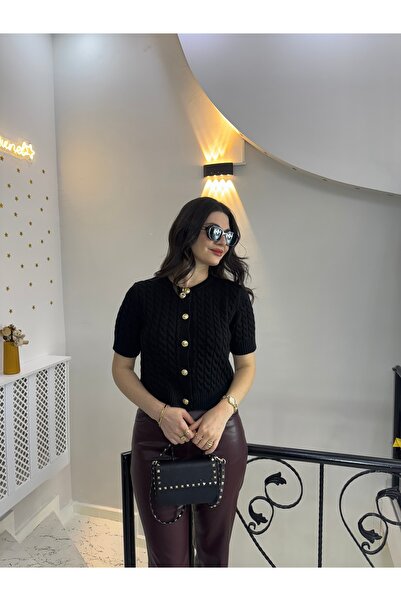 Butik Siyah Triko örme balık sırtı gold düğmeli kısa kollu hırka ceket