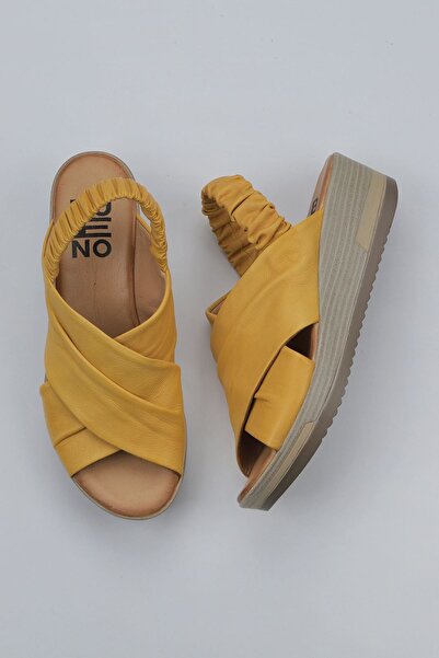 Bueno Shoes Γυναικεία πέδιλα με σφήνα τακούνια κίτρινα δερμάτινα - 01wu5700