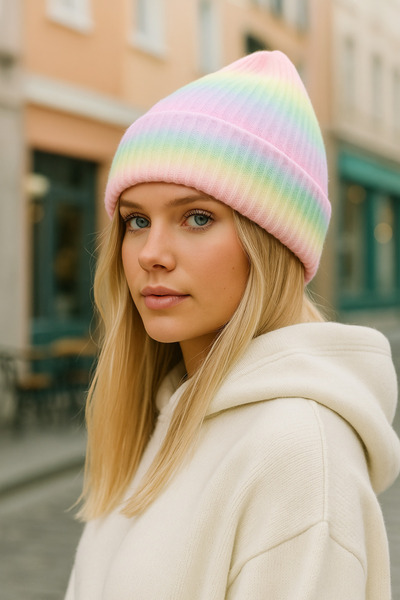 Luminos Butik Pastel Tonlarda Çizgili Renk Geçişli, %100 Yün Desenli Yumuşak Örgü Bere Bere1132