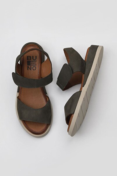 Bueno Shoes Sandale de damă din nubuc kaki închis - design plat 01wy5100
