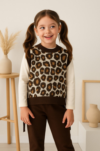 Baby&Kids Kız Çocuk Leopar Desenli Triko Süveterli 3’lü Takım Kahverengi 3-10 Yaş