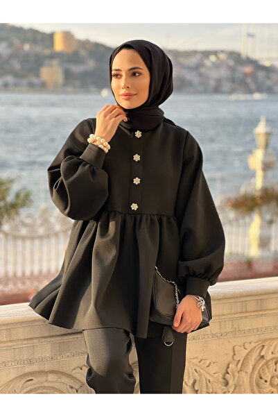 SSDESİNG Μαύρο Scuba Tunic και Παντελόνι Hijab - Λεπτομέρεια από πέτρα