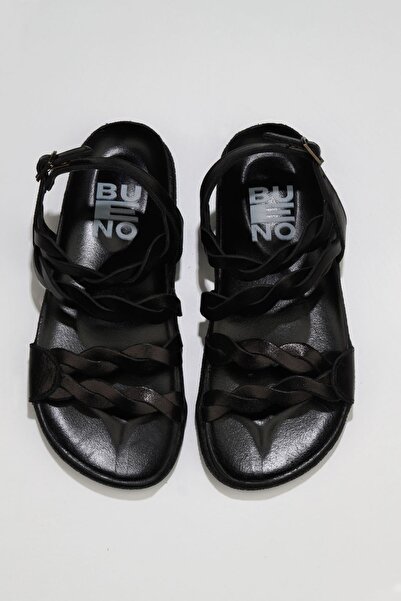 Bueno Shoes Μαύρα γυαλιστερά δερμάτινα γυναικεία φλατ σανδάλια 01wu4703