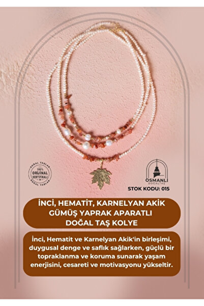 OSMANLI DOĞAL TAŞ İnci, Hematit, Karnelyan Akik Gümüş Yaprak Aparatlı Doğal T...
