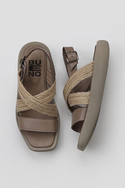 Bueno Shoes Γκρι Ψάθινα Δερμάτινα Γυναικεία Σανδάλια Flat 01wy1011