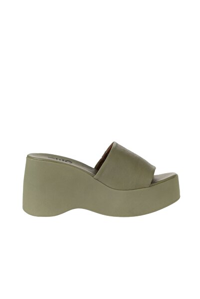 Bueno Shoes Khaki Leather Women's Wedge Heeled Slippers 01Wy9000