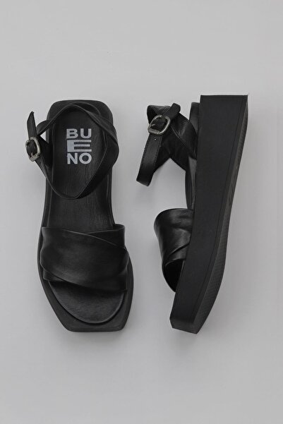 Bueno Shoes Sandale de damă din piele neagră cu toc cu pană - 01wy5909