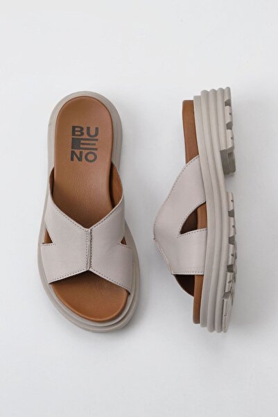 Bueno Shoes Γκρι δερμάτινες γυναικείες φλατ παντόφλες 01wy8304