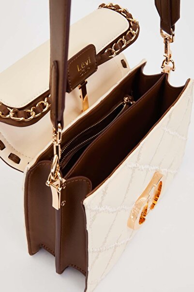 Levidor Two-Compartment Quilted and Chain Detailed Flap Long Strap Medium Size Women's Shoulder Bag Lv930579 Cream