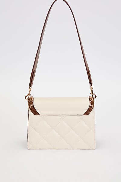 Levidor Two-Compartment Quilted and Chain Detailed Flap Long Strap Medium Size Women's Shoulder Bag Lv930579 Cream