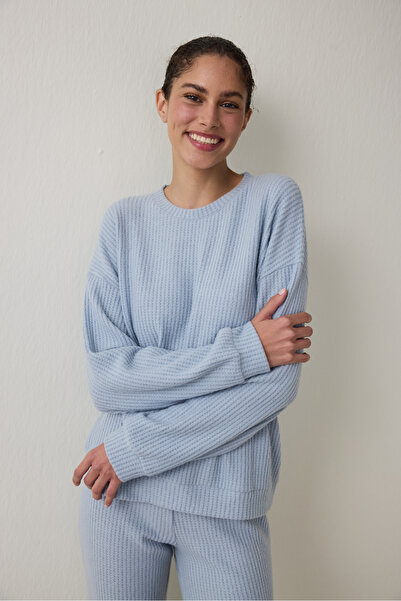Penti Light Blue Crew Neck Long Sleeve Waffle Thermal Effect Pajama Set