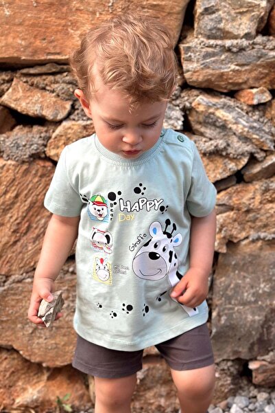 Breeze Erkek Bebek Tişört Sevimli Hayvancıklar Baskılı 9 Ay-3 Yaş, Mint Yeşili