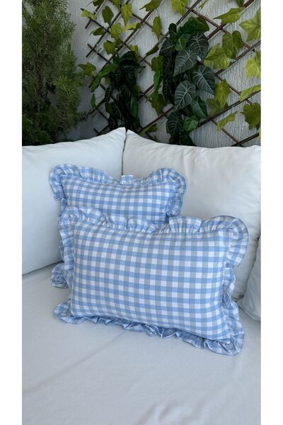 Decamor home Vintage Ruffled Gingham Linen Blue Throw Pillow Cover Bohemian Throw Pillow Case 1Pc