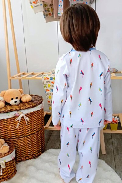 Breeze Erkek Çocuk Pijama Takımı Renkli Papağan Desenli 1-3 Yaş, Buz Mavisi