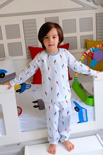 Breeze Erkek Çocuk Pijama Takımı Renkli Papağan Desenli 1-3 Yaş, Buz Mavisi
