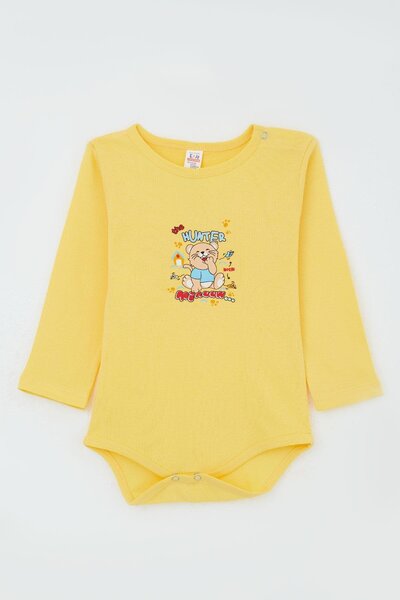 Breeze Erkek Bebek Çıtçıtlı Body Avcı Kedicik Baskılı 9 Ay-3 Yaş, Sarı