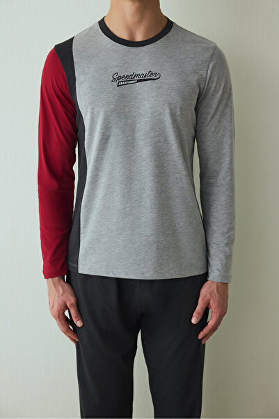 Penti Men's Speedmaster Slogan Printed Crew Neck Cotton Long Sleeve Pajama Set