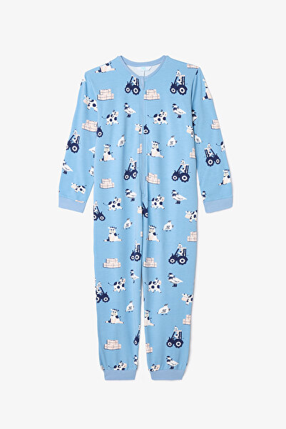 Penti Salopetă de pijama cu fermoar cu model de vaci de fermă pentru băieți albastre