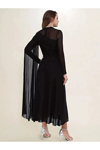 babatr.com Women's Long Sleeve Semi-Turtleneck Tulle Detailed Long Sandy Dress