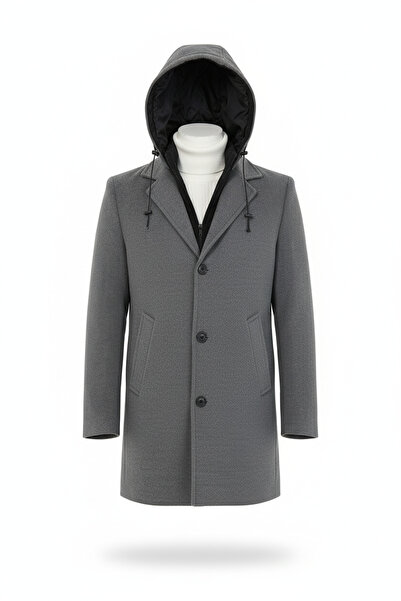 Mero Life Ανδρικό μακρύ παλτό με κουκούλα σε γκρι μάλλινο μείγμα με φερμουάρ μπροστά και κουμπιά
