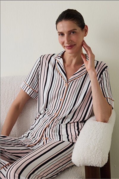 Penti Aging Collagen Striped Shirt Collar Short Sleeve Pajama Set