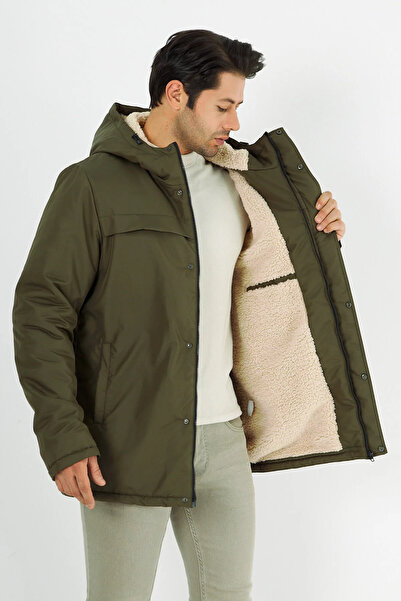 D1fference Erkek Haki Kapüşonlu İç Kürklü Su İtici Rüzgar Geçirmez Kışlık Mont & Kaban & Parka