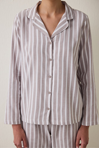 Penti Beige Striped Long Sleeve Cotton Shirt Pants Pajama Set