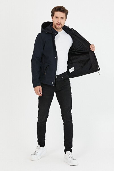 Mero Life Férfi tengerészkék kapucnis víz- és szélálló Softshell kabát