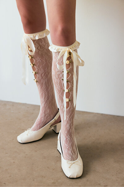 Penti Marsmelov Çiçek Desenli Fiyonklu File Külotlu Çorap