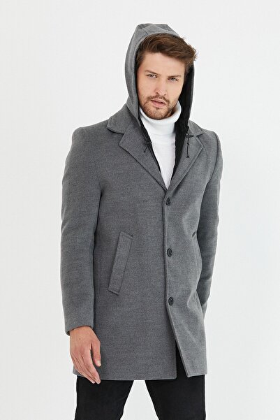 Mero Life Ανδρικό μακρύ παλτό με κουκούλα σε γκρι μάλλινο μείγμα με φερμουάρ μπροστά και κουμπιά